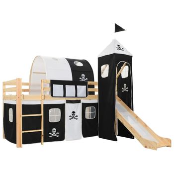 Cama Alta Para Niños Tobogán Y Escalera Madera Pino 97x208 Cm Negro