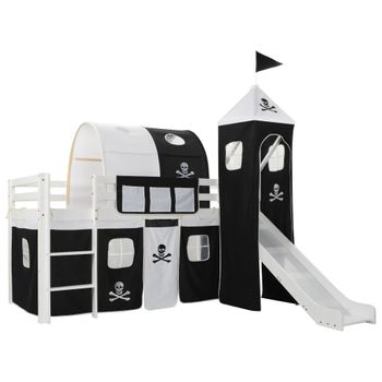 Cama Alta Para Niños Tobogán Y Escalera Madera Pino 97x208 Cm Negro