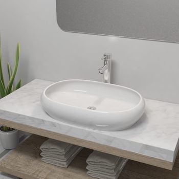 Lavabo De Baño Ovalado Con Grifo Mezclador Cerámica Blanco