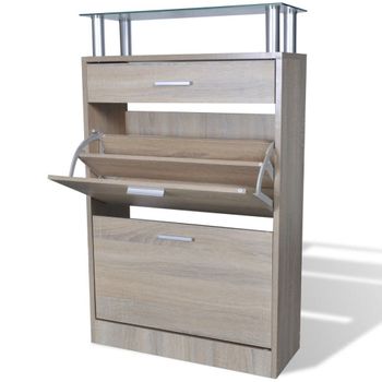 Mueble Zapatero Cajón Y Estante Superior Vidrio Aspecto Madera Marrón