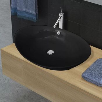 Lavabo Oval De Cerámica Negra De Lujo Con Desagüe, 59 X 38,5 Cm