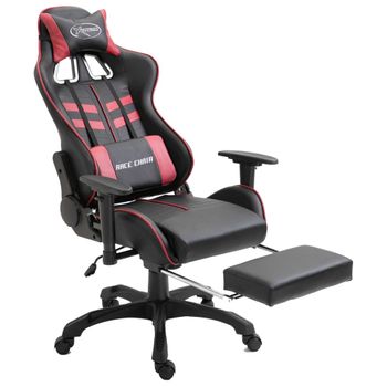 Silla Gaming Con Reposapiés Cuero Sintético Color Vino Tinto Rojo