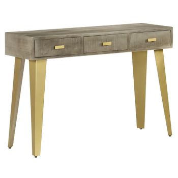 Mesa Consola De Madera Mango Maciza Gris Y Latón 110x35x76 Cm