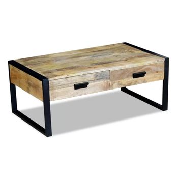 Mesa De Centro Con 2 Cajones Madera Maciza Mango 100x60x40 Cm Marrón