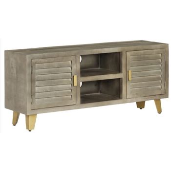 Mueble Tv De Madera De Mango Maciza Gris Y Latón 110x30x48 Cm