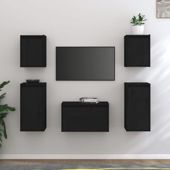 Muebles Para Tv 5 Piezas Madera Maciza De Pino Negro