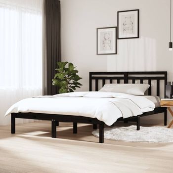 Estructura De Cama Madera Maciza Tamaño King Negro 150x200 Cm