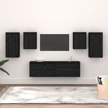 Muebles Para Tv 6 Piezas Madera Maciza De Pino Negro