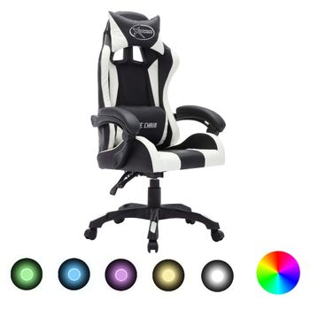 Silla Gaming Con Luces Led Rgb Cuero Sintético Blanco Y Negro Multicolor