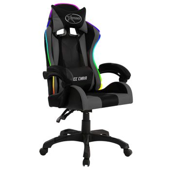 Silla Gaming Con Luces Led Rgb Cuero Sintético Gris Y Negro Multicolor