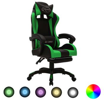 Silla Gaming Con Luces Led Rgb Cuero Sintético Verde Y Negro Multicolor