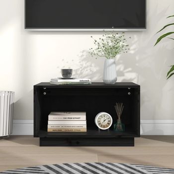 Mueble De Tv De Madera Maciza De Pino Negro 60x35x35 Cm