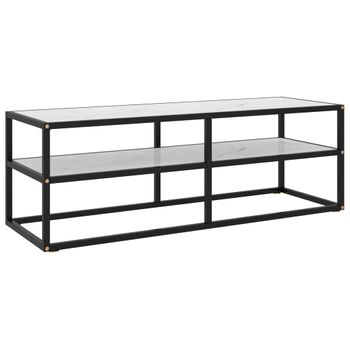 Mueble Para Tv Negro Con Vidrio De Mármol Blanco 120x40x40 Cm