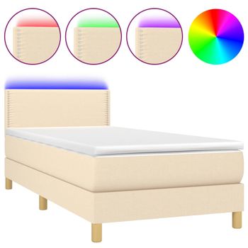 Cama Box Spring Con Colchón Y Led Tela Crema 90x200 Cm