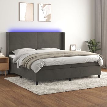 Cama Box Spring Colchón Y Led Terciopelo Gris Oscuro 200x200 Cm