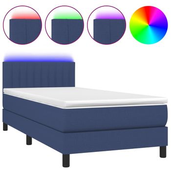 Cama Box Spring Colchón Y Luces Led Tela Azul 100x200 Cm