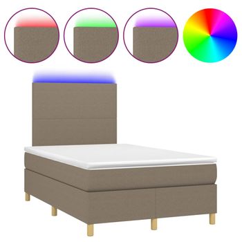 Cama Box Spring Con Colchón Y Led Tela Gris Taupe 120x200 Cm