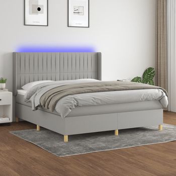 Cama Box Spring Colchón Y Luces Led Tela Gris Claro 160x200 Cm