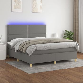 Cama Box Spring Colchón Y Luces Led Tela Gris Oscuro 180x200 Cm