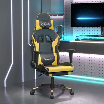 Silla Gaming Con Reposapiés Cuero Sintético Negro Dorado