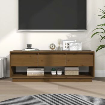 Mueble De Tv Madera Maciza De Pino Marrón Miel 110,5x34x40 Cm