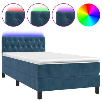 Cama Box Spring Colchón Y Led Terciopelo Azul Oscuro 90x200 Cm