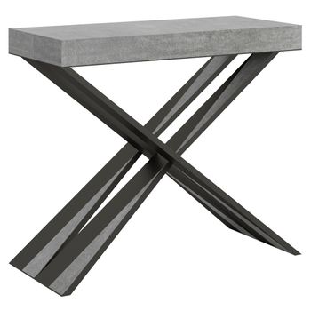 Consola Extensible, Diseño De Madera Gris Efecto Hormigón Y Patas Cruzadas De Metal Gris Diair De 40 A 300 Cm-base Y Soporte Con Ruedas-5 Alargaderas Finas