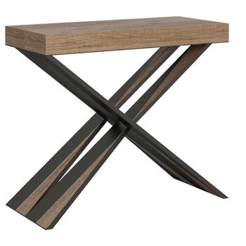 Consola Extensible De Diseño En Madera Natural Con Patas Cruzadas De Metal Gris Diair De 40 A 196 Cm-soporte 4 Pies-3 Alargaderas Gruesas