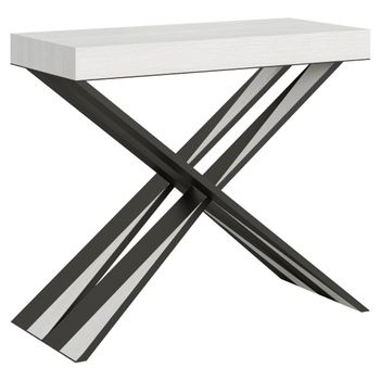 Consola Extensible De Diseño Madera Blanca Y Metal Gris Patas Cruzadas 40 A 196 Cm Diair-soporte 4 Pies-3 Alargaderas Finas