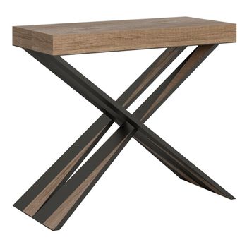 Consola Extensible, Diseño De Madera Natural Y Patas Cruzadas De Metal Gris Diair De 40 A 300 Cm-soporte 4 Pies-5 Alargaderas Finas