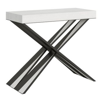 Consola Extensible Diseño Madera Blanca Y Metal Gris Patas Cruzadas 40 A 300 Cm Diair-soporte 4 Pies-5 Alargaderas Gruesas