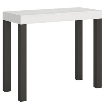 Consola Extensible Evy Blanca Con Patas De Metal Antracita Para 14 Personas, De 40 A 300 Cm-base Y Soporte Con Ruedas