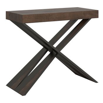 Consola Extensible, Diseño De Madera Oscura Y Patas Cruzadas De Metal Gris, De 40 A 300 Cm-base Y Soporte Con Ruedas-5 Alargaderas Gruesas