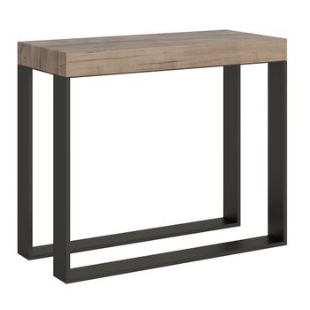 Consola Extensible De Madera Clara Con Patas De Metal Antracita, 8 Plazas, 40 A 196 Cm Elatra-base Y Soporte Con Ruedas-3 Alargaderas Finas