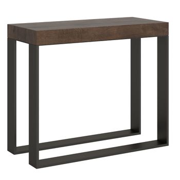 Consola Extensible De Madera Oscura Con Patas De Metal Antracita, 12 Plazas, 40 A 300 Cm Elatra-base Y Soporte Con Ruedas-5 Alargaderas Finas