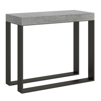 Consola Extensible Gris Hormigón Con Patas De Metal Antracita, 12 Plazas, 40 A 300 Cm Elatra-base Y Soporte Con Ruedas-5 Alargaderas Gruesas