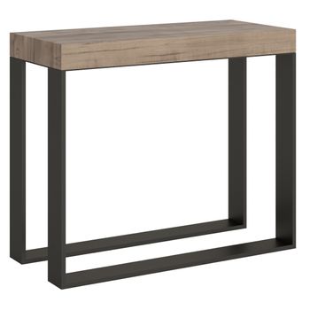 Consola Extensible De Madera Clara Con Patas De Metal Antracita, 12 Plazas, 40 A 300 Cm Elatra-base Y Soporte Con Ruedas-5 Alargaderas Gruesas