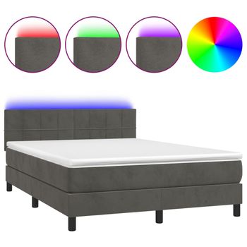 Cama Box Spring Colchón Y Led Terciopelo Gris Oscuro 140x190 Cm