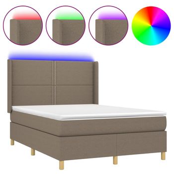 Cama Box Spring Colchón Y Luces Led Tela Gris Taupe 140x200 Cm Gris Topo