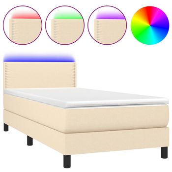 Cama Box Spring Colchón Y Luces Led Tela Crema 80x200 Cm