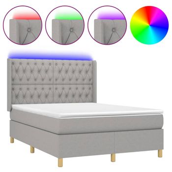 Cama Box Spring Colchón Y Luces Led Tela Gris Claro 140x190 Cm