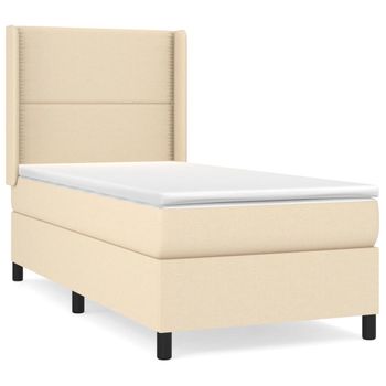 Cama Box Spring Con Colchón Tela Color Crema 100x200 Cm