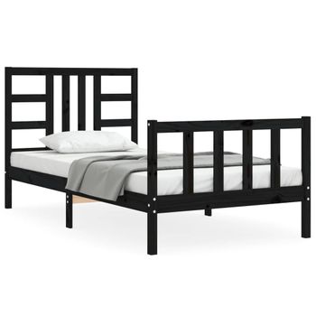 Estructura De Cama Con Cabecero Madera Maciza Negro 90x190 Cm