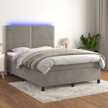 Cama Box Spring Colchón Y Led Terciopelo Gris Claro 140x200 Cm