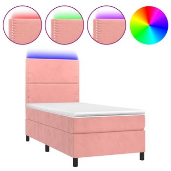 Cama Box Spring Colchón Y Led Terciopelo Rosa 100x200 Cm