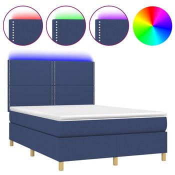 Cama Box Spring Colchón Y Luces Led Tela Azul 140x190 Cm