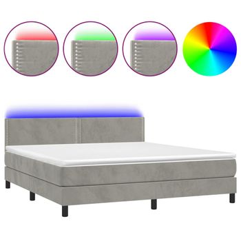 Cama Box Spring Colchón Y Led Terciopelo Gris Claro 180x200 Cm