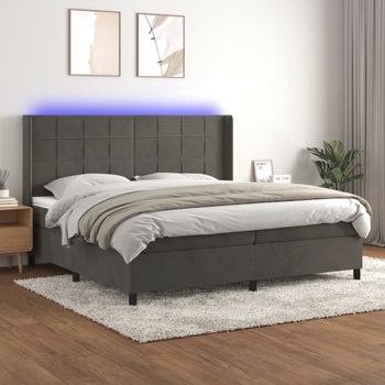 Cama Box Spring Colchón Y Led Terciopelo Gris Oscuro 200x200 Cm