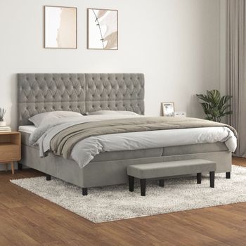 Cama Box Spring Con Colchón Terciopelo Gris Claro 200x200 Cm