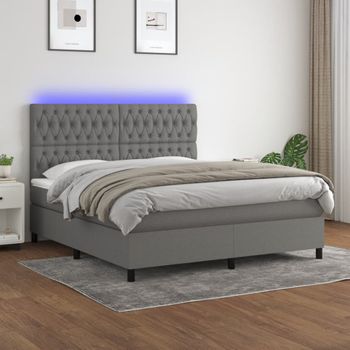 Cama Box Spring Colchón Y Luces Led Tela Gris Oscuro 180x200 Cm